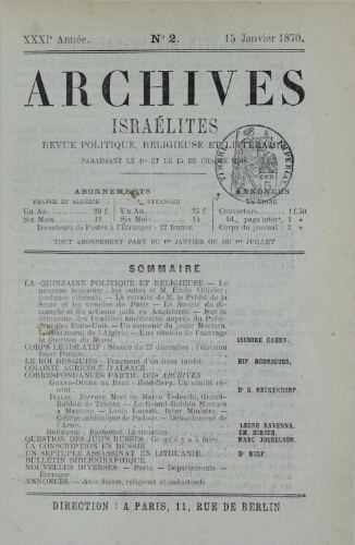 Archives israélites de France. Vol.31 N°02 (15 janv. 1870)